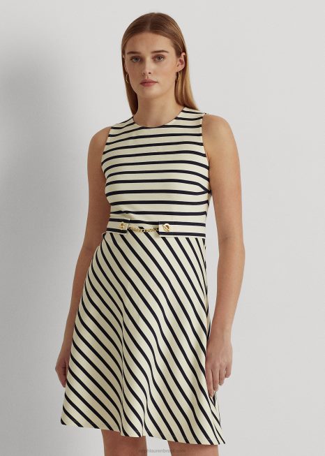 vestido ponte listrado com cinto BD6J4834 mulheres Ralph Lauren creme de mascarpone/marinha