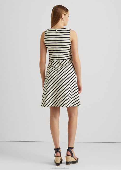 vestido ponte listrado com cinto BD6J4834 mulheres Ralph Lauren creme de mascarpone/marinha