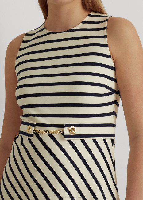 vestido ponte listrado com cinto BD6J4834 mulheres Ralph Lauren creme de mascarpone/marinha