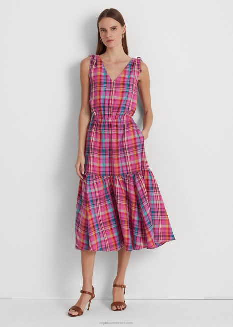 vestido sem mangas de linho xadrez BD6J3932 mulheres Ralph Lauren rosa multi