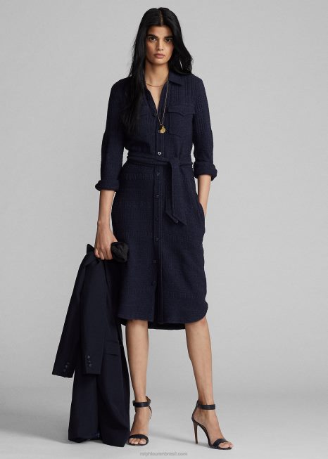 vestido suéter com cinto de lã e algodão BD6J3676 mulheres Ralph Lauren urze azul marinho