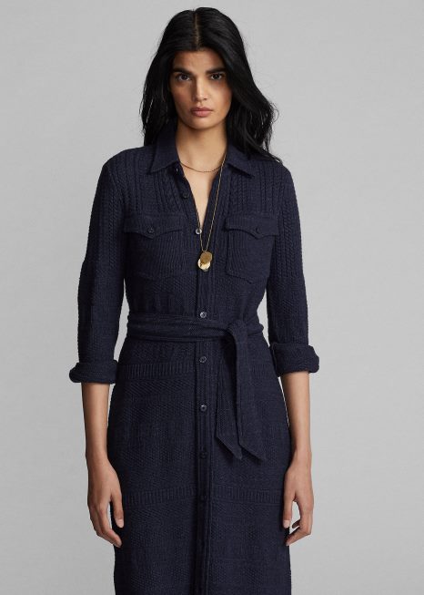 vestido suéter com cinto de lã e algodão BD6J3676 mulheres Ralph Lauren urze azul marinho