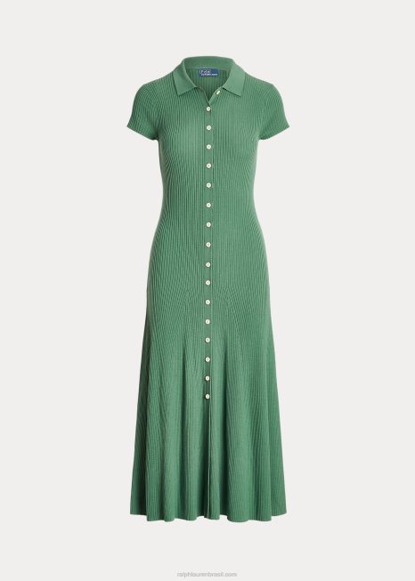 vestido suéter polo de lã merino em malha canelada BD6J9195 mulheres Ralph Lauren fairway verde