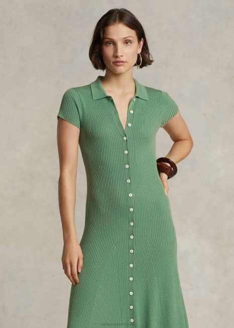 vestido suéter polo de lã merino em malha canelada BD6J9195 mulheres Ralph Lauren fairway verde