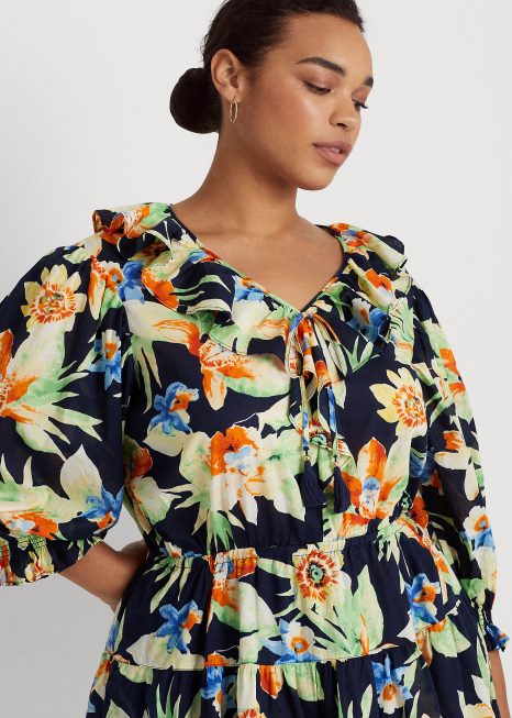 vestido voile de algodão floral BD6J4809 mulheres Ralph Lauren marinho multi
