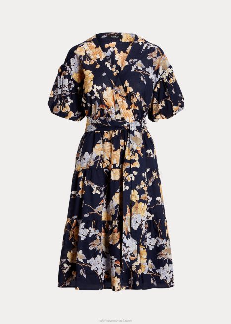 vestido voile de algodão floral com cinto BD6J4055 mulheres Ralph Lauren marinho multi