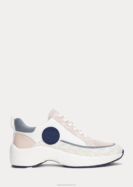 reaghan logo jacquard e tênis de couro BD6J5086 mulheres Ralph Lauren branco/rosa claro/marinho