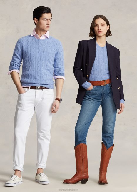 o icônico suéter de cashmere tricotado BD6J3390 unissex Ralph Lauren novo litchfield azul