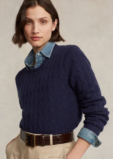 o icônico suéter de cashmere tricotado BD6J3393 unissex Ralph Lauren azul marinho brilhante